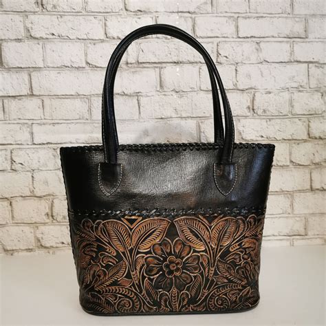 Womens Bag Leather Tote Black Handmade Hand Tooled Etsy Canada