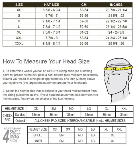 Shoei Motorcycle Helmet Sizing Chart
