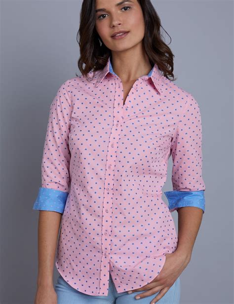 Womens Pink And Blue Hearts Print Semi Fitted Shirt Single Cuff