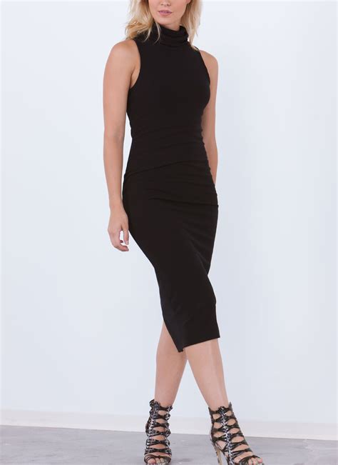 Sophisticated Turtleneck Bodycon Dress Charcoal Black Gojane Com