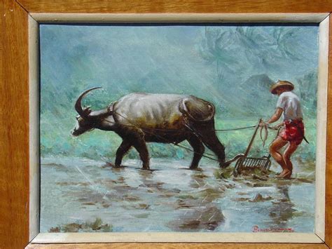 Philippine Oil Painting By Hervoso Of Waterbuffalo In The Rain Manila