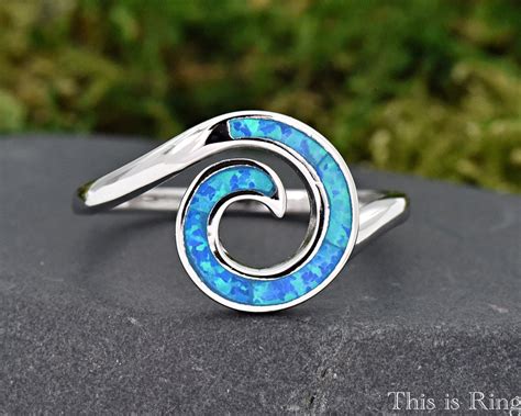 12mm Big Circle Spiral Blue Opal Ring Womens Spiral Wave Etsy