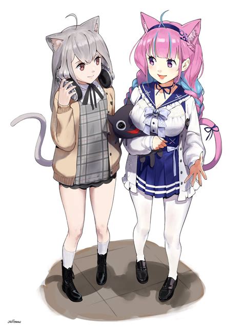 Minato Aqua 2girls Multiple Girls Animal Ears Cat Ears Tail Cat Tail