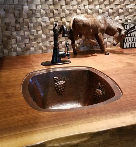 15 Square Hand Hammered Copper Bar Prep Sink With Grapes Design 2
