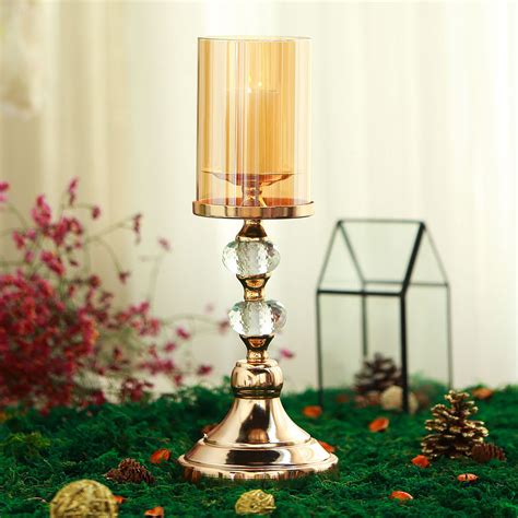 15 Tall Gold Metal Pillar Candle Holder With Hurricane Glass Tube