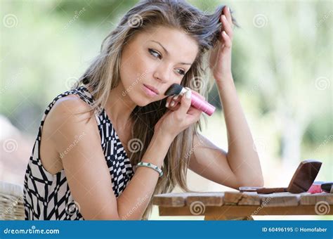 Woman With Pretty Face Do Her Makeup Outside Stock Image Image Of Lips Applying 60496195