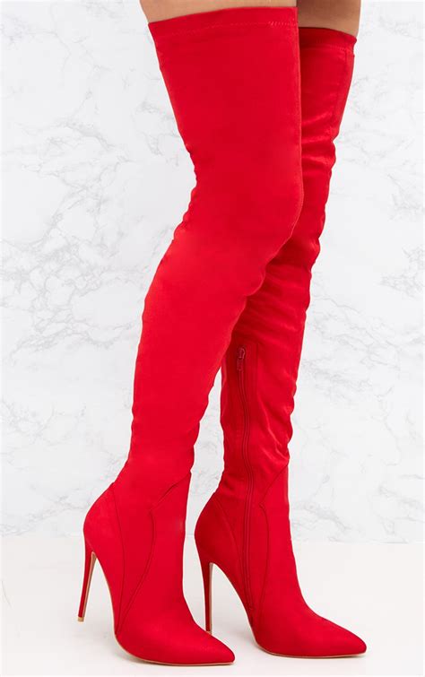 Red Faux Suede Super Long Thigh High Heeled Boots Prettylittlething Usa