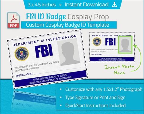 Printable Cosplay Fbi Badge Custom Id Card Prop Replica Digital Instant