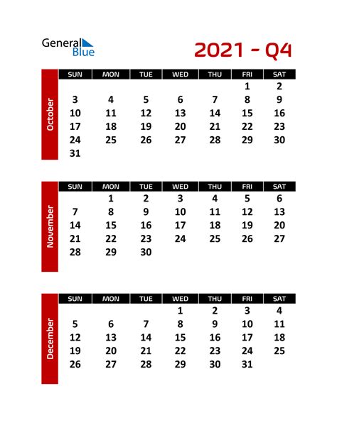 Q4 2021 Quarterly Calendar Pdf Word Excel