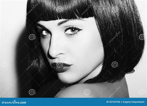 Monochrome Portrait Of Beautiful Brunette Girl Healthy Black Hair Bob