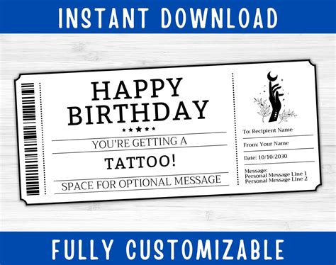 Birthday Tattoo Voucher Card Certificate Ticket Coupon Editable Printable Gift Voucher Card