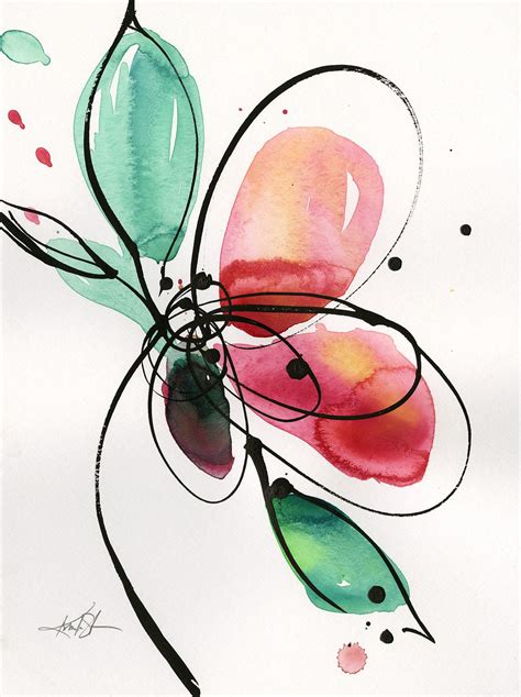 Abstract Flower Watercolor Ink Painting Minimalistic Floral Fleurs Abstraites Peinture Fleurs