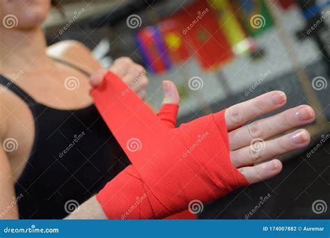 Woman Wrapping Hands With Red Boxing Wraps Stock Photo Image Of
