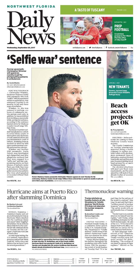 The September 20, 2017, front page of the Northwest Florida Daily News