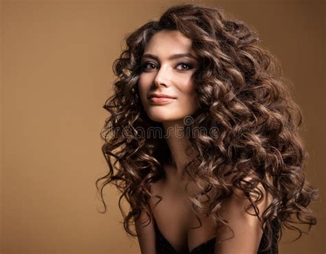 Curly Hair Model Woman Wavy Long Hairstyle Brunette Fashion Girl With Volume Hairdo And