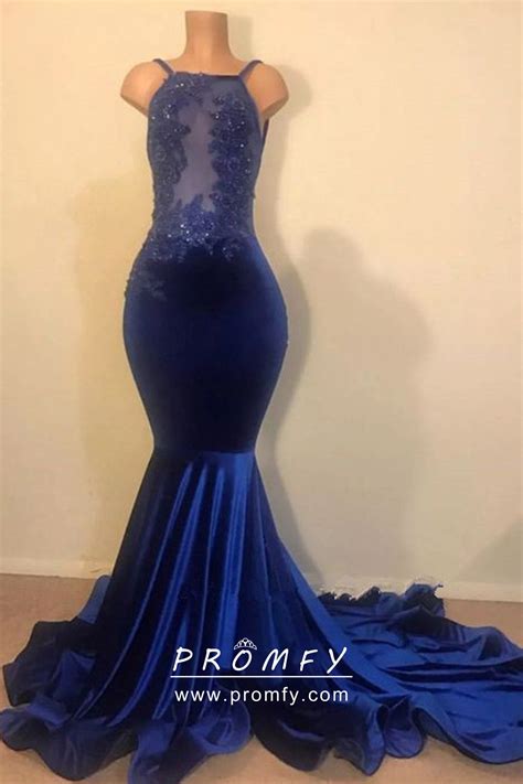 Beaded Lace Sapphire Blue Velvet Mermaid Prom Dress Promfy