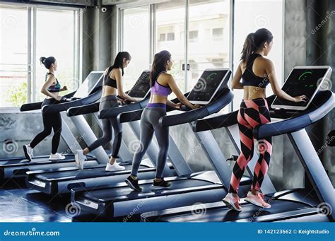 Group Of Young Women People Running On Treadmills In Modern Sport Gym