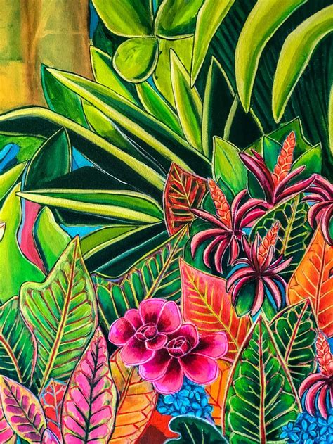 A Painting Of Tropical Plants And Flowers