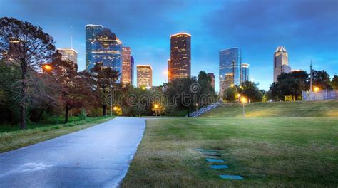 Houston Texas Usa Downtown Park And Skyline At Twilight Stock Image