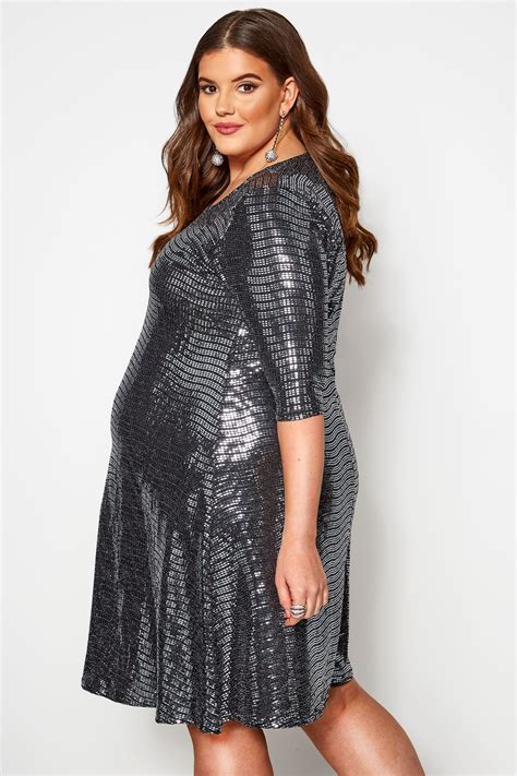 Bump It Up Maternity Silver Sparkle Embellished Swing Dress Yours Clothing