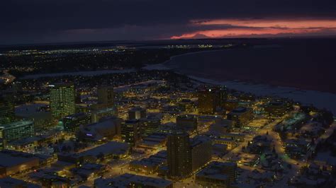 4k Stock Footage Aerial Video Flyby Snow Covered Downtown Anchorage At