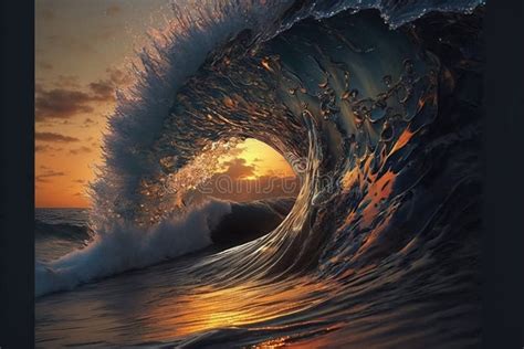 Ocean Wave Sea Water In Crest Shape Sunset Light And Beautiful Clouds