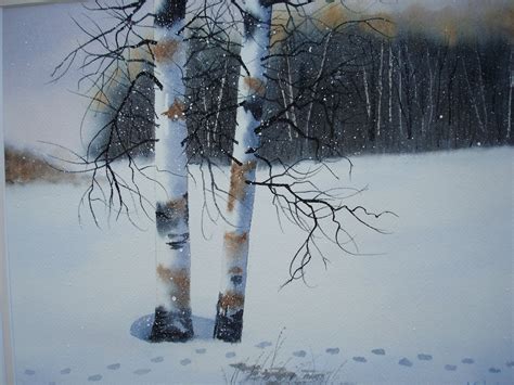 Footprints In The Snow Landscape Tree Art Watercolor