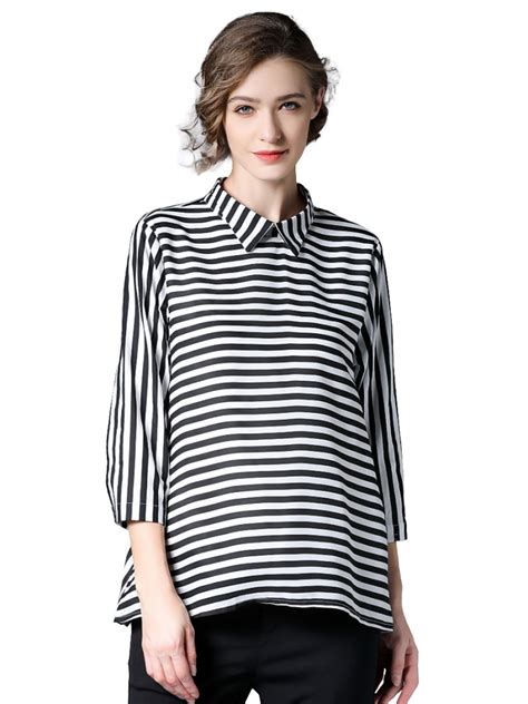 Collared Contrast Black And White Striped Blouse Just4unique