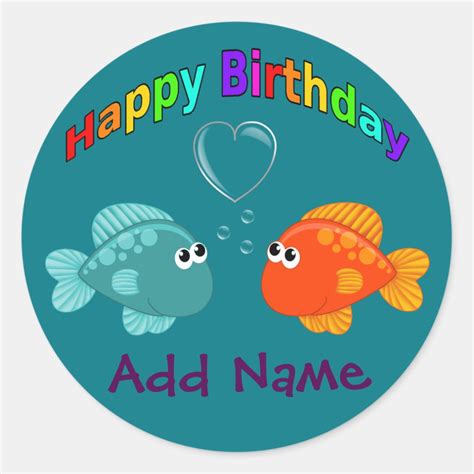 Happy Birthday Fish Heart Personalized Classic Round Sticker Zazzle