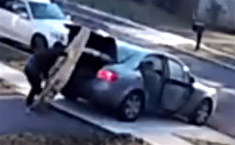 video torpe ladrón lucha por meter pantalla a auto y se hace viral