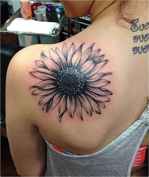 Back Of Shoulder Black And White Floral Sunflower Tattoo