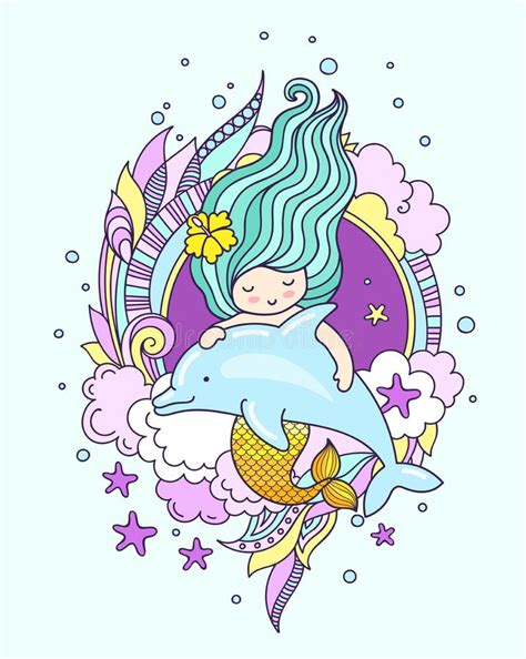 Mermaid With Dolphin Surrounded By Seaweed Clouds Starfish Hand