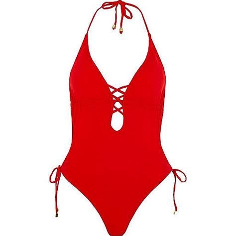 Swim Fabric Plunge Neck Strappy Front Detail Removable Padding Tie
