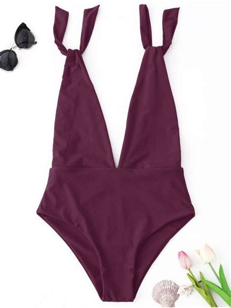 32 Off 2020 Plunge One Piece Swimsuit In Wine Red Zaful