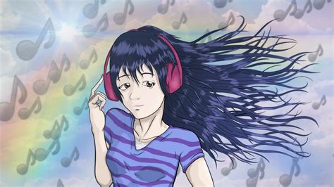 Anime Girl With Headphones On And Hair Blowing In The Wind Ranimesketch