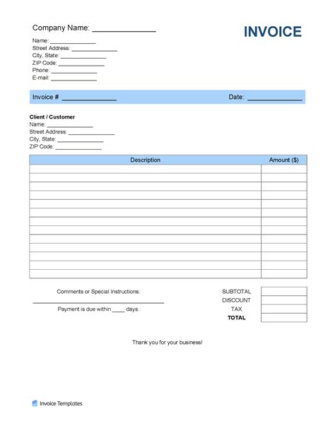 Free Blank Invoice Templates 30 Pdf Eforms Invoice Template Printable