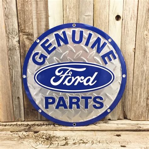 Ford Genuine Parts Diamond Plate Logo Round 12 Metal Tin Sign Vintage