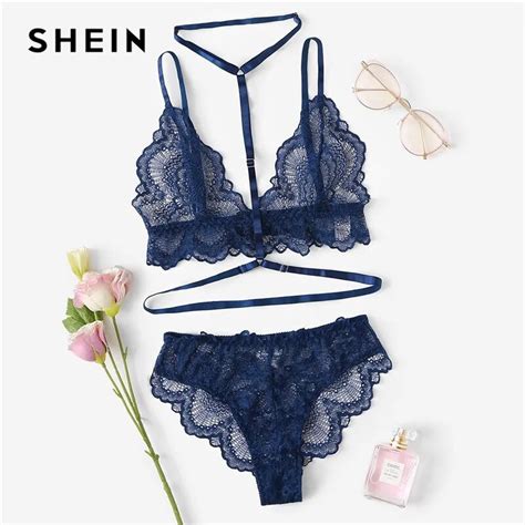 Buy Shein Sexy Navy Trim Lace Unlined Lingerie Set Hot Women V Neck Sleeveless