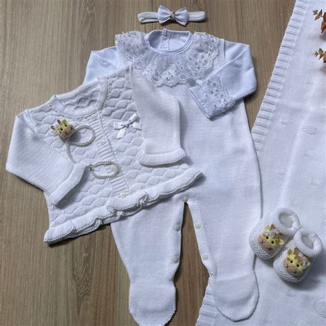 Saída Maternidade Vestidinho Tricot Bebê Menina Cecília Tricô Branco 3