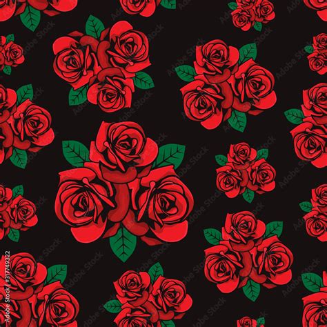 Red Rose Seamless Pattern With Green Leaves Blooming Roses Bouquet