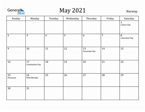 May 2021 Monthly Calendar With Norway Holidays