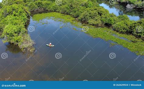 Aerial View Of A Boat On The Rio Cristalino River In Mato Grosso