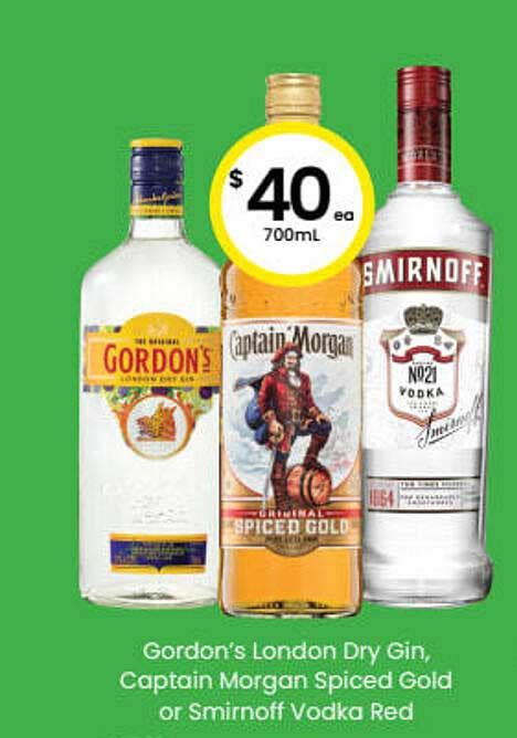 Gordon S London Dry Gin Captin Morgan Spiced Gold Or Smirnoff Vodka Red