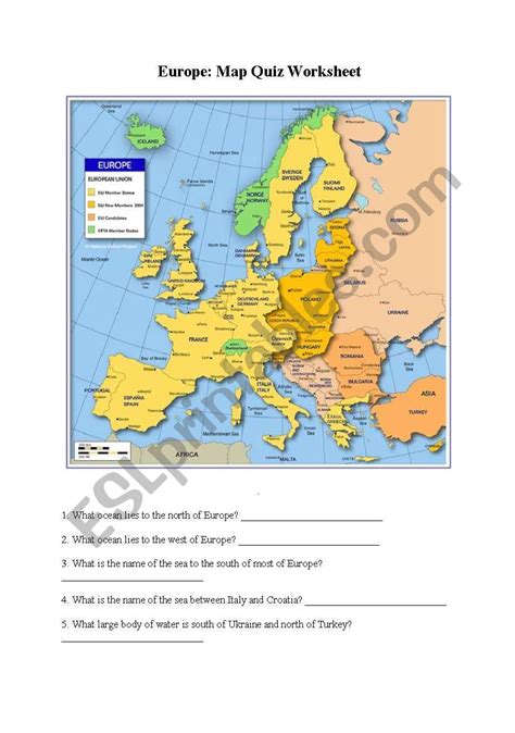 Europe Map Quiz Worksheet