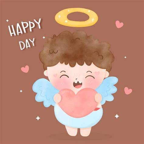 Watercolor Cupid Baby Curly Child Boy Angel Cartoon Hug Heart