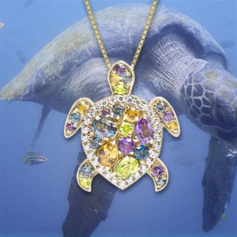 K Gold Turtle Pendant With Diamonds And Semi Precious Stones