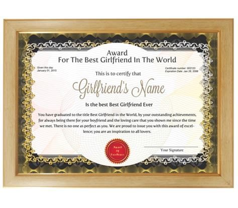 Personalized Award Certificate For Worlds Best Girlfriend With Frame