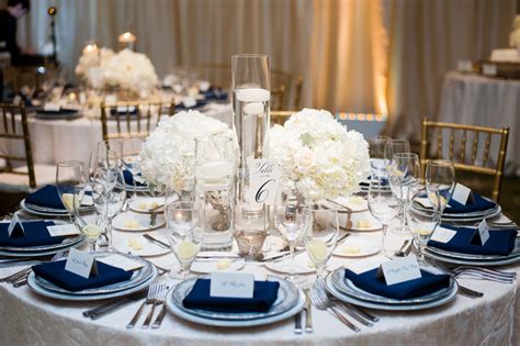 White And Navy Dining Table White Wedding Flowers Silver Wedding