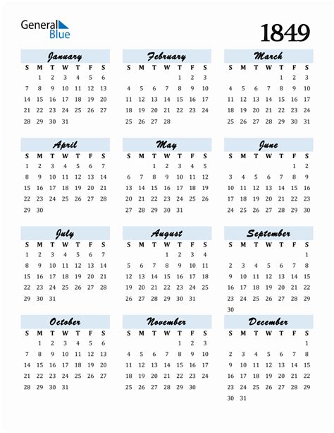 Free Downloadable Calendar For Year 1849