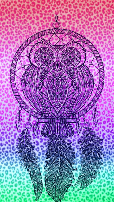An Owl Sitting On Top Of A Dream Catcher In Purple Green And Pink Colors